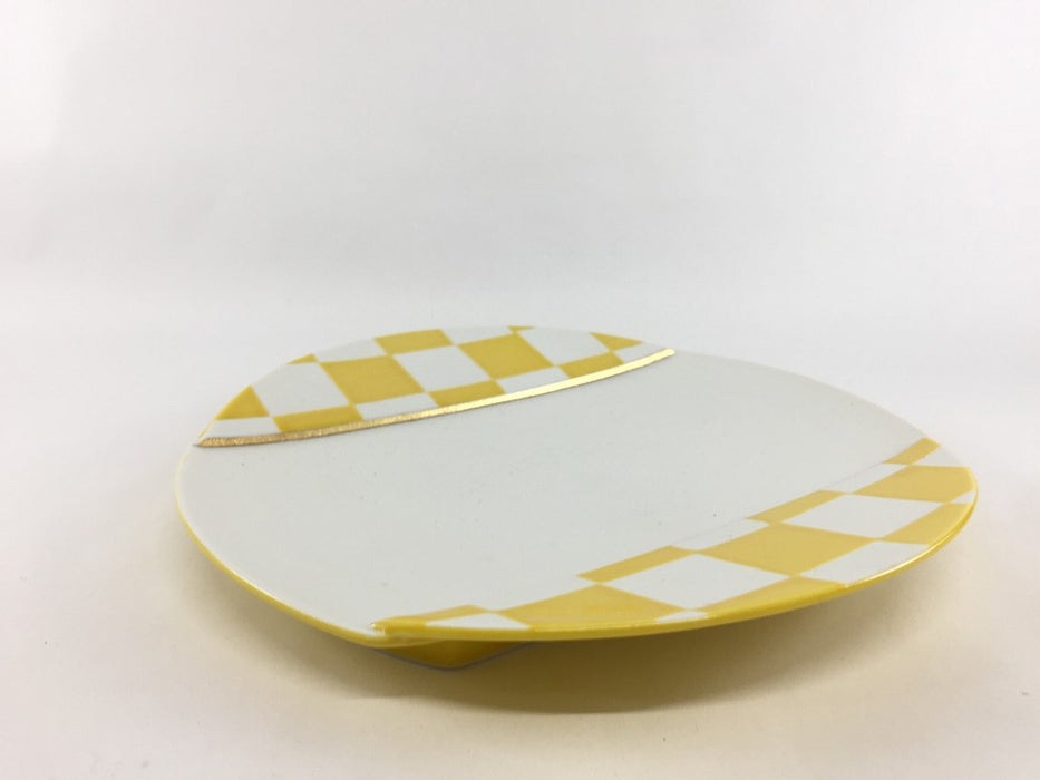 【SALE】黄パール市松リム満月皿　22cm　有田焼(j.R)【訳あり】