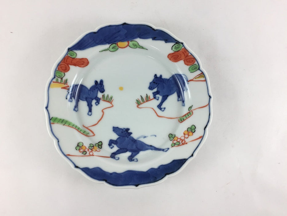 13cm輪花小皿　天啓赤絵群馬図　有田焼　(j.R)
