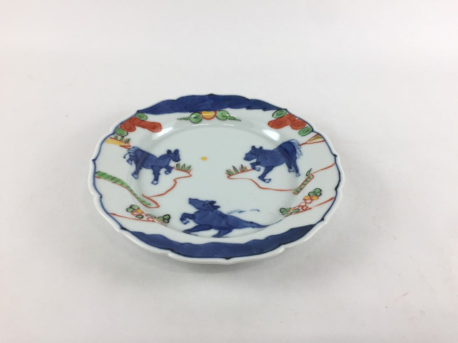 13cm輪花小皿　天啓赤絵群馬図　有田焼　(j.R)