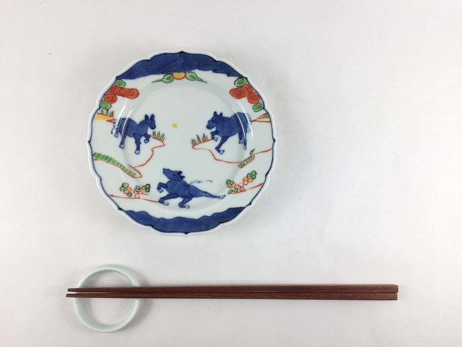 13cm輪花小皿　天啓赤絵群馬図　有田焼　(j.R)
