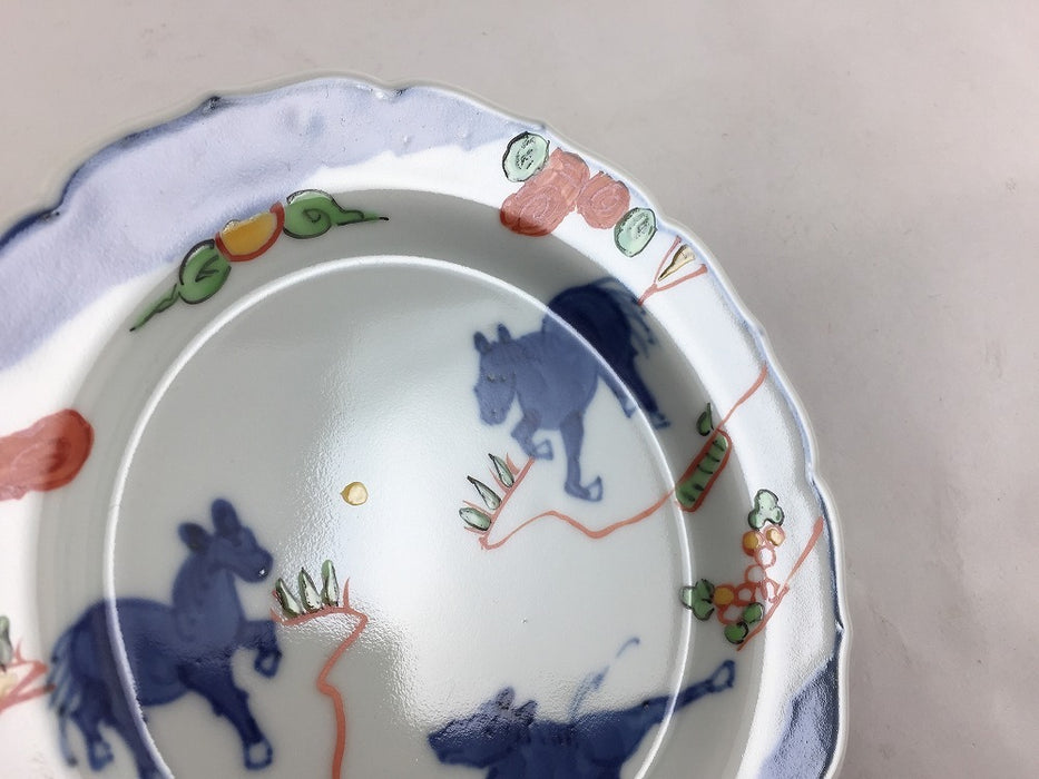 13cm輪花小皿　天啓赤絵群馬図　有田焼　(j.R)