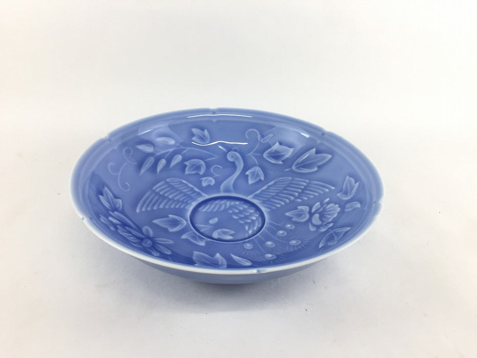 花鳥彫平鉢　薄ルリ　15cm　有田焼(j.R)