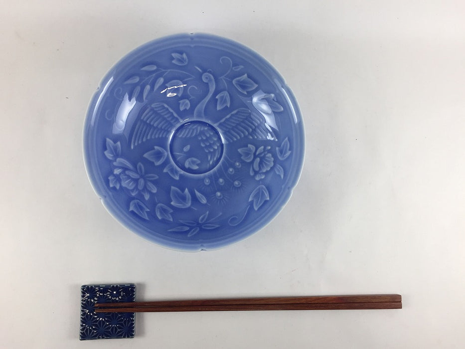花鳥彫平鉢　薄ルリ　15cm　有田焼(j.R)