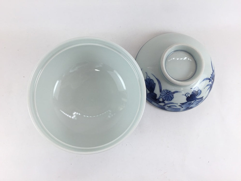 【SALE】花鳥草花　蓋付碗　12cm　波佐見焼【訳あり】