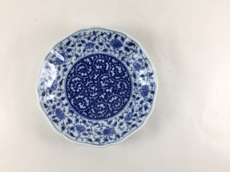 輪花4寸皿　(花蝶芙蓉手/みじん唐草)　13cm　吉田焼(肥前有田焼)　(j.R)