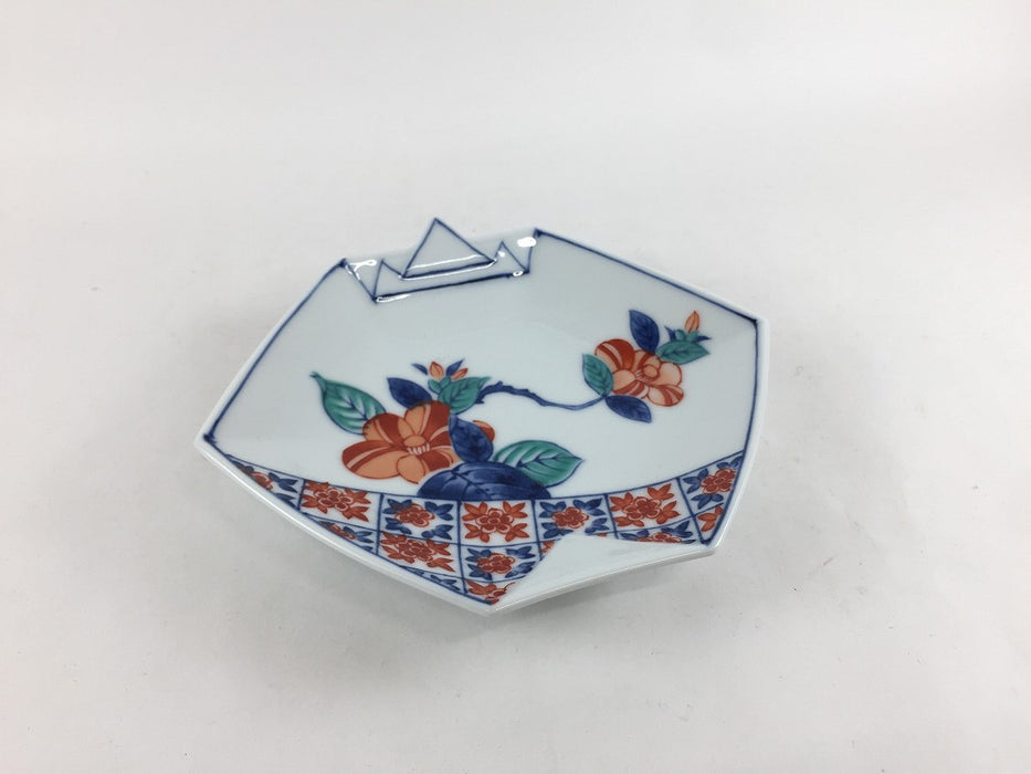 染錦椿文　折紙型銘々皿　15cm　吉田焼(肥前有田焼)　(j.R)