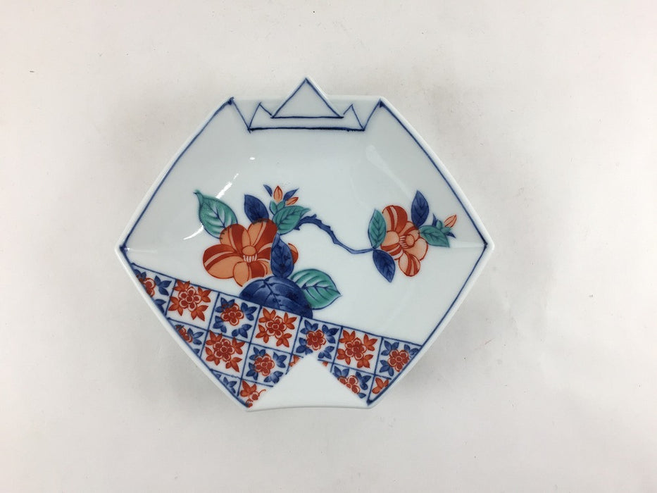 染錦椿文　折紙型銘々皿　15cm　吉田焼(肥前有田焼)　(j.R)