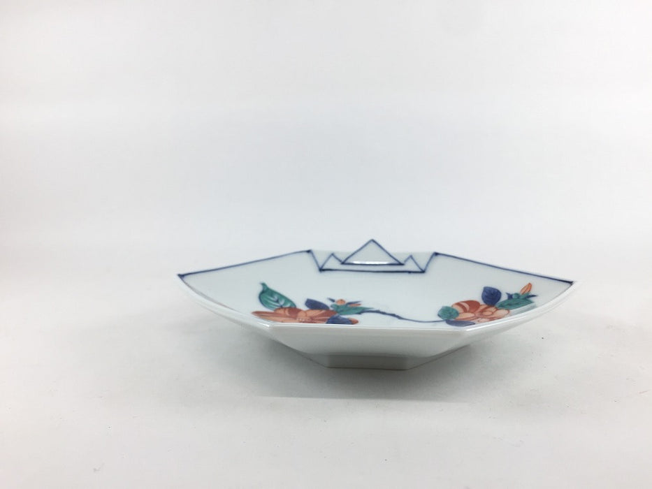 染錦椿文　折紙型銘々皿　15cm　吉田焼(肥前有田焼)　(j.R)