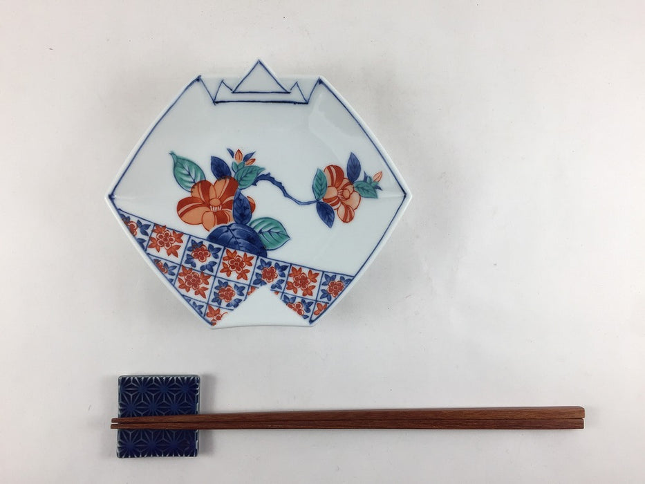 染錦椿文　折紙型銘々皿　15cm　吉田焼(肥前有田焼)　(j.R)