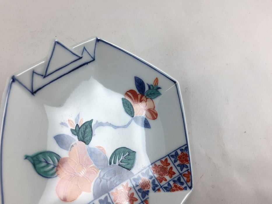 染錦椿文　折紙型銘々皿　15cm　吉田焼(肥前有田焼)　(j.R)