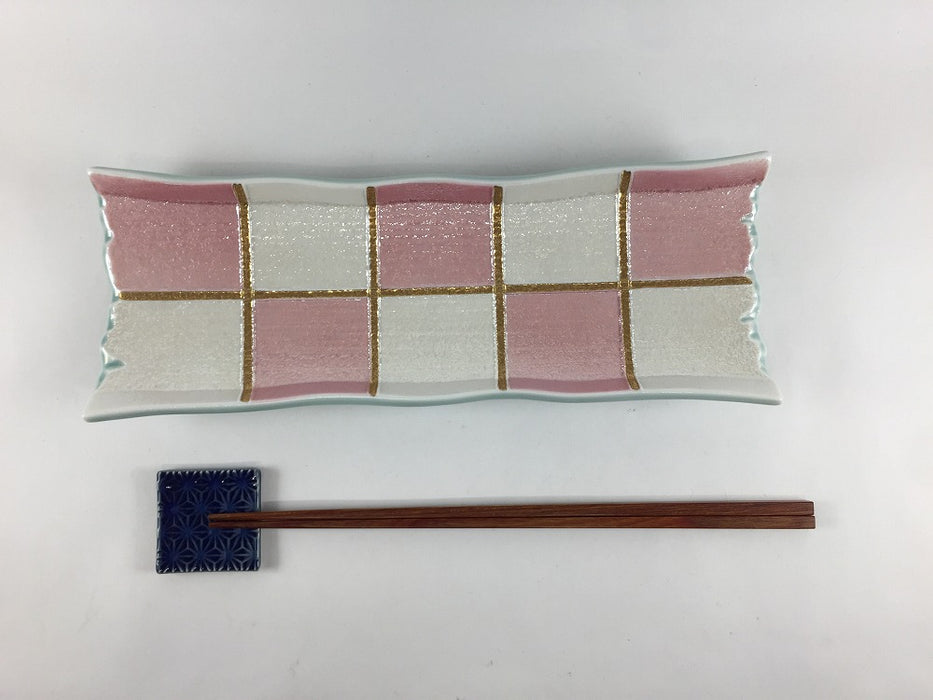 【SALE】四足長皿.パールピンク市松　25cm　有田焼(j.R)【訳あり】