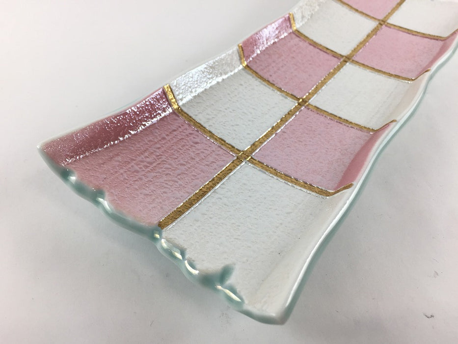 【SALE】四足長皿.パールピンク市松　25cm　有田焼(j.R)【訳あり】