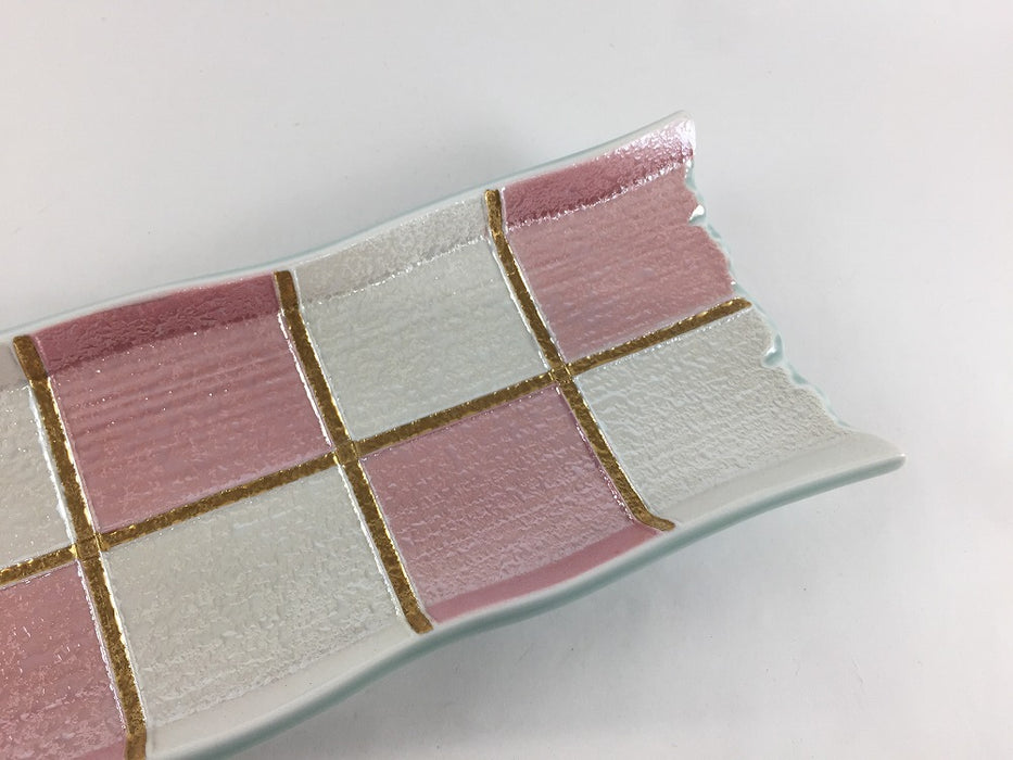 【SALE】四足長皿.パールピンク市松　25cm　有田焼(j.R)【訳あり】