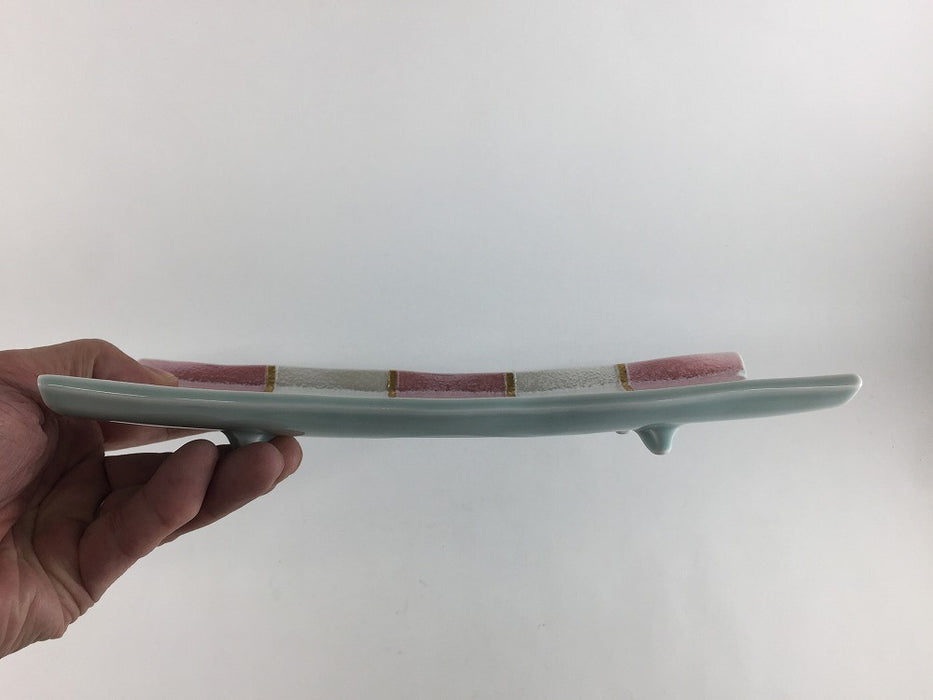 【SALE】四足長皿.パールピンク市松　25cm　有田焼(j.R)【訳あり】