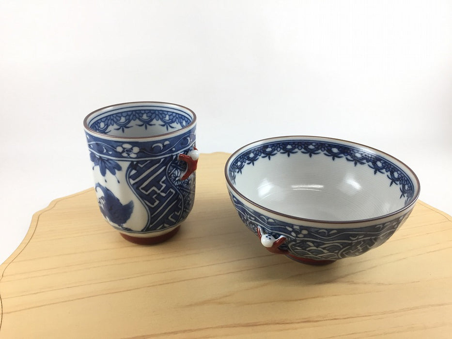 210cc面取湯呑　鳳凰　一閑人(青/赤)　7cm　波佐見焼(j.R)