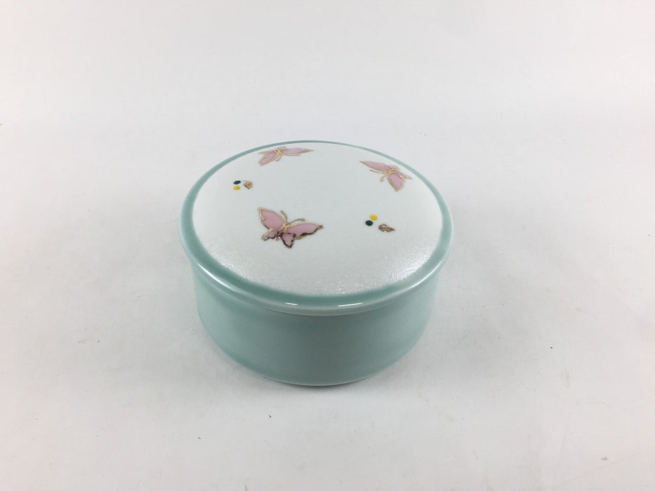 【SALE】重ね小蓋物　青磁白彩ピンク蝶　8.5cm　有田焼【訳あり】