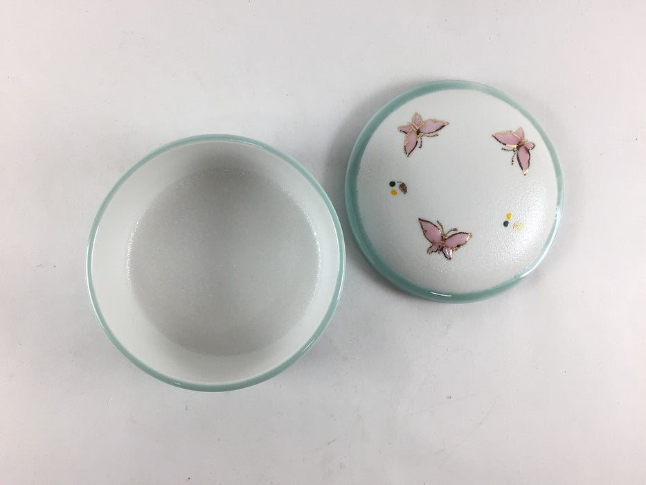 【SALE】重ね小蓋物　青磁白彩ピンク蝶　8.5cm　有田焼【訳あり】