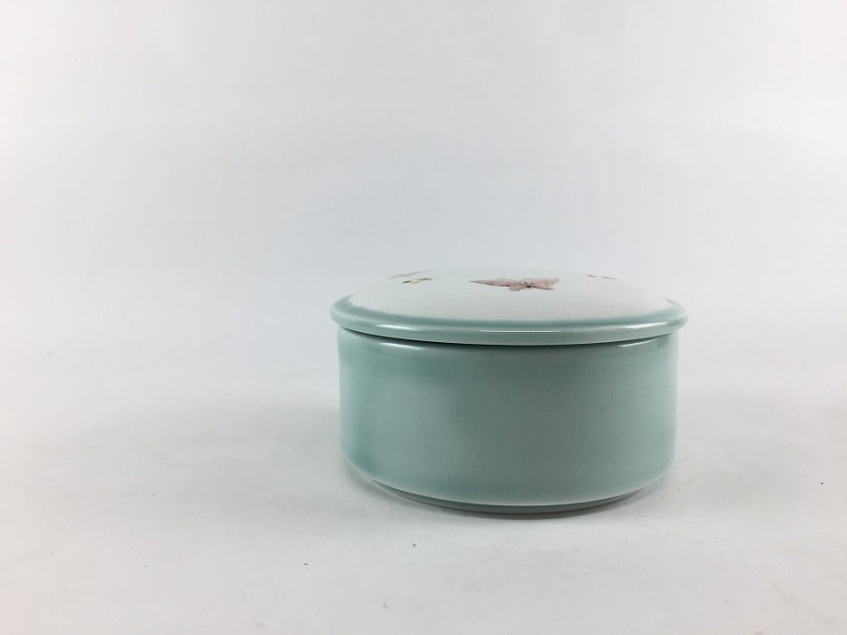 【SALE】重ね小蓋物　青磁白彩ピンク蝶　8.5cm　有田焼【訳あり】