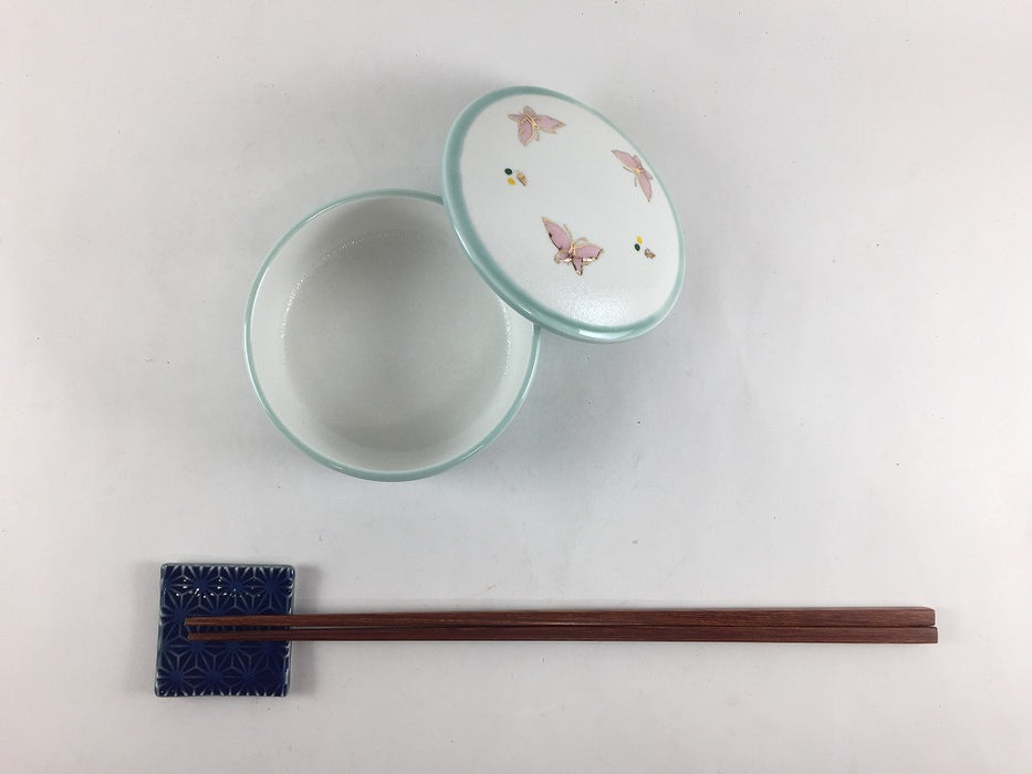 【SALE】重ね小蓋物　青磁白彩ピンク蝶　8.5cm　有田焼【訳あり】