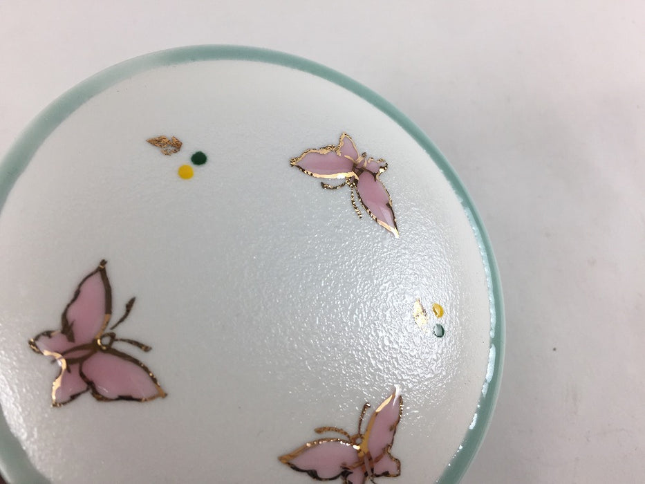 【SALE】重ね小蓋物　青磁白彩ピンク蝶　8.5cm　有田焼【訳あり】