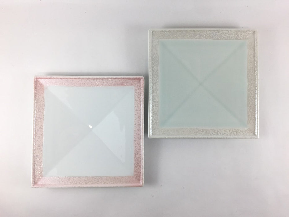 【SALE】14cm正角皿　渕ピンク彩/青磁彩　有田焼【訳あり】