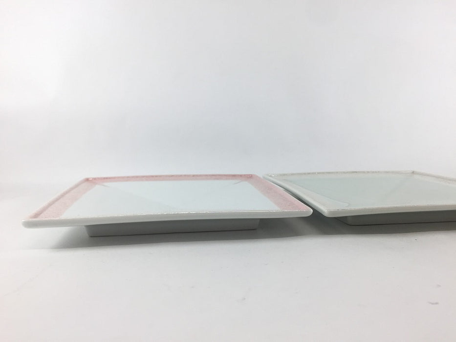 【SALE】14cm正角皿　渕ピンク彩/青磁彩　有田焼【訳あり】