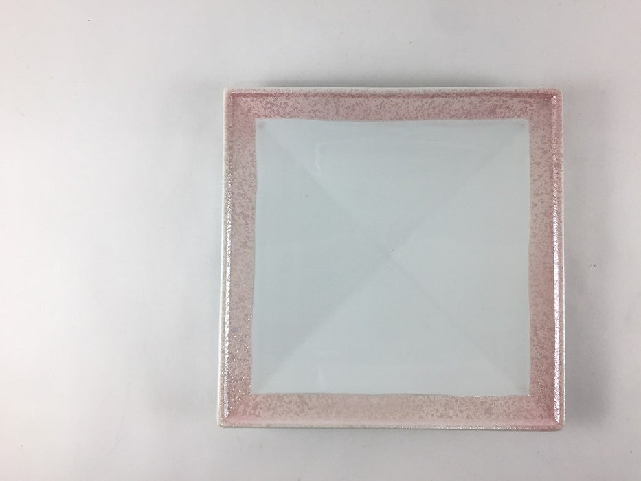 【SALE】14cm正角皿　渕ピンク彩/青磁彩　有田焼【訳あり】