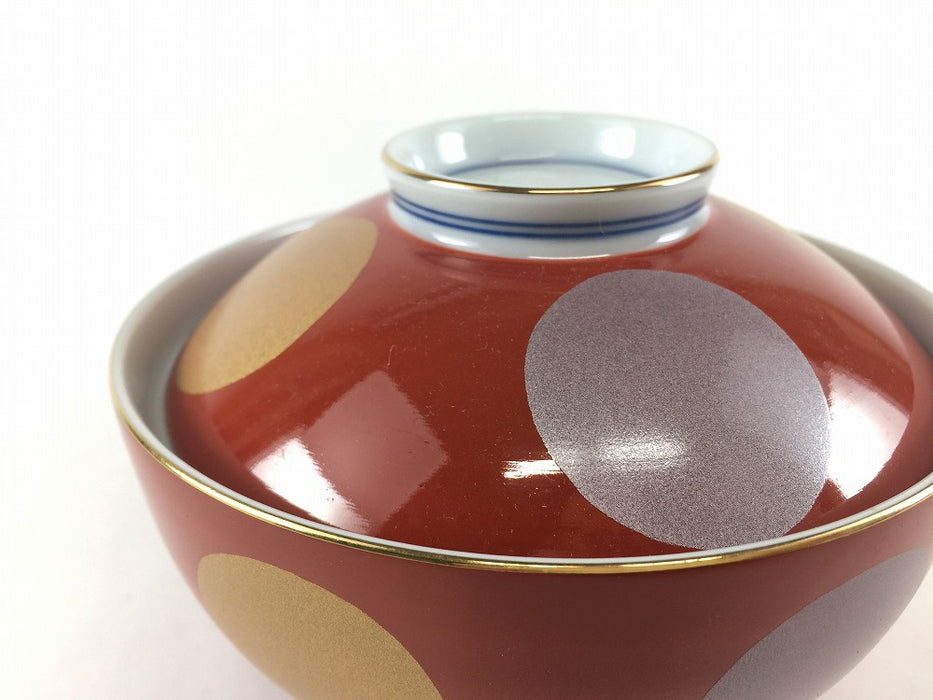 【SALE】12cm蓋物(300cc)赤日月文　波佐見焼【訳あり】