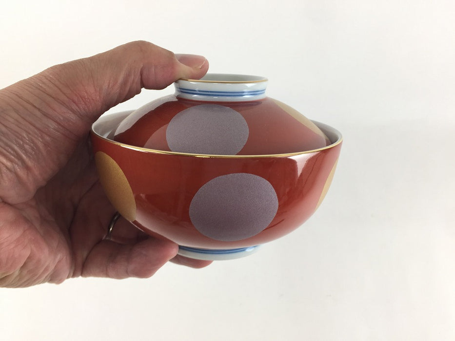 【SALE】12cm蓋物(300cc)赤日月文　波佐見焼【訳あり】