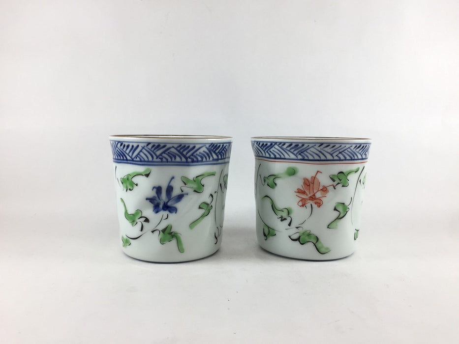 【SALE】440ccカップ　緑唐草花(青/赤)　10cm　波佐見焼【訳あり】