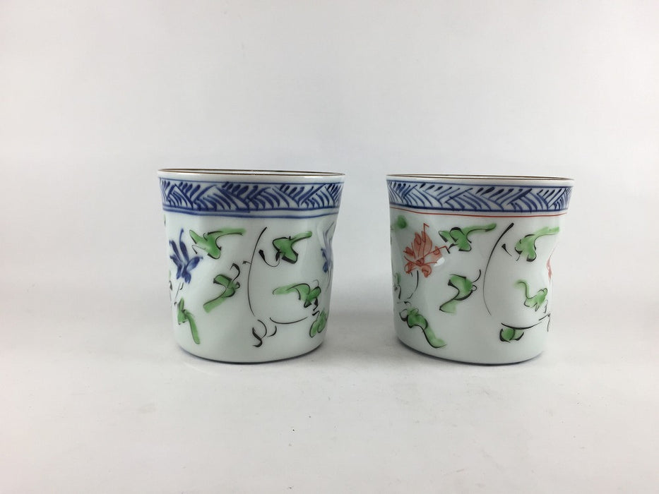 【SALE】440ccカップ　緑唐草花(青/赤)　10cm　波佐見焼【訳あり】