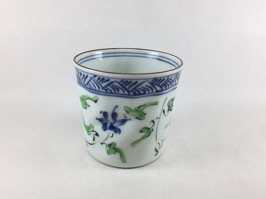 【SALE】440ccカップ　緑唐草花(青/赤)　10cm　波佐見焼【訳あり】
