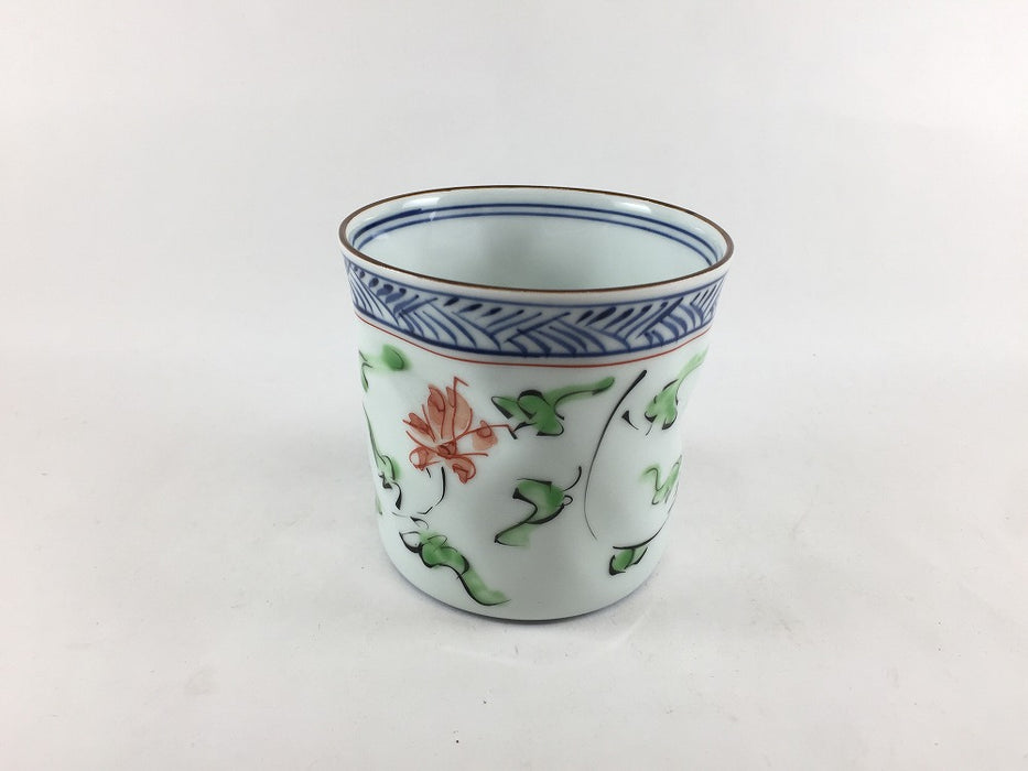 【SALE】440ccカップ　緑唐草花(青/赤)　10cm　波佐見焼【訳あり】