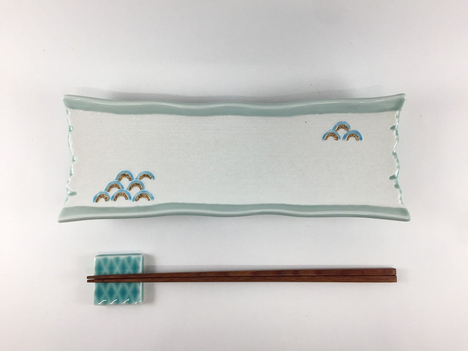 【SALE】四足先付皿　青磁光彩波紋　25cm　有田焼【訳あり】