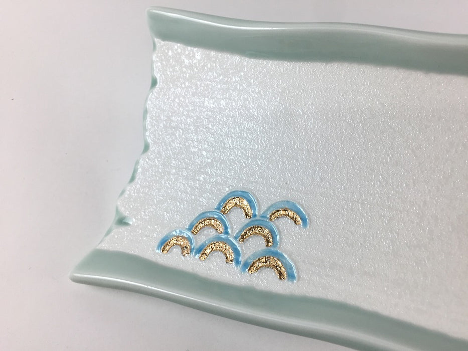 【SALE】四足先付皿　青磁光彩波紋　25cm　有田焼【訳あり】