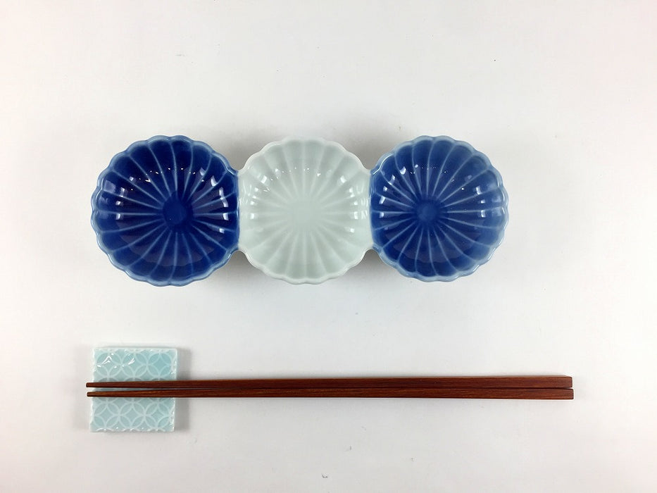 染濃淡　菊型三連皿　19cm　有田焼(j.R)