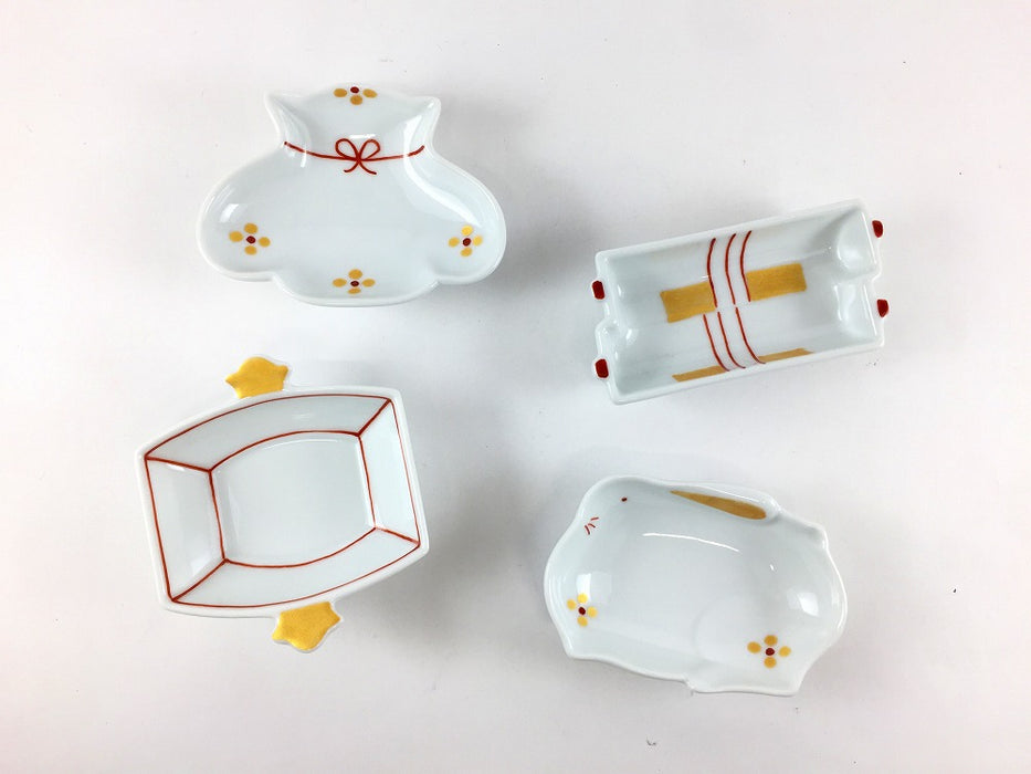 豆鉢　きらら(赤)　(巾着/巻物/ウサギ/コヅチ)　8cm　伊万里焼　(j.R)