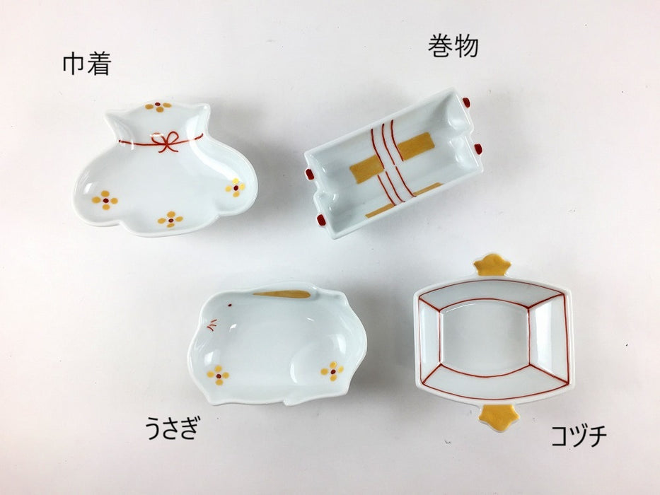 豆鉢　きらら(赤)　(巾着/巻物/ウサギ/コヅチ)　8cm　伊万里焼　(j.R)