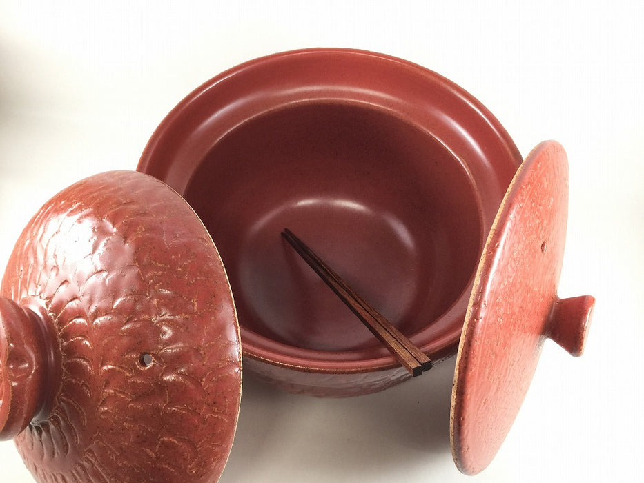 【直火可】5合(二重蓋)飛び鉋釜鍋　赤楽　25cm   有田焼(j.R)