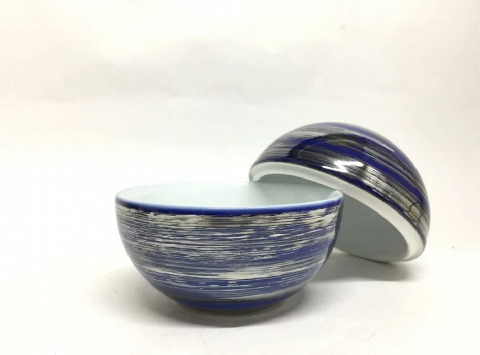 95玉蓋物　藍銀刷毛　9cm　有田焼