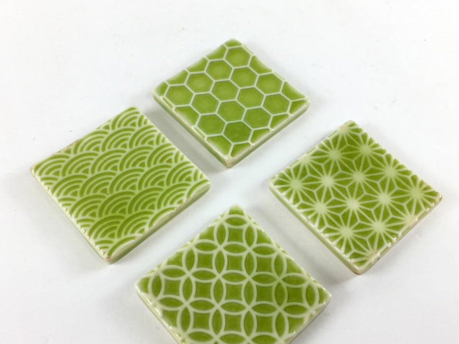 角ハシオキ　彫刻　ヒワ釉(青海波/亀甲/七宝)　4cm　有田焼　梶謙製磁(j.R)