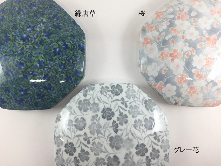6寸八角骨壷　(唐草緑/桜/グレー花)　18cm　波佐見焼(j.R)