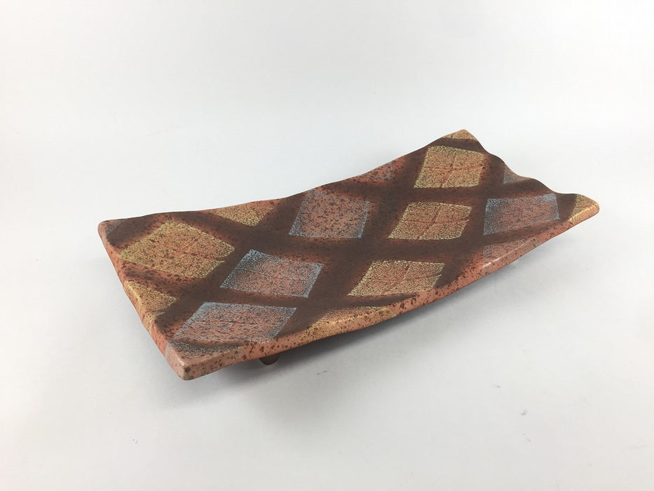 【SALE】255長弓皿　朱茶.金銀格子　25.5cm　有田焼【訳あり】