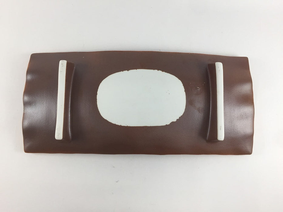 【SALE】255長弓皿　朱茶.金銀格子　25.5cm　有田焼【訳あり】