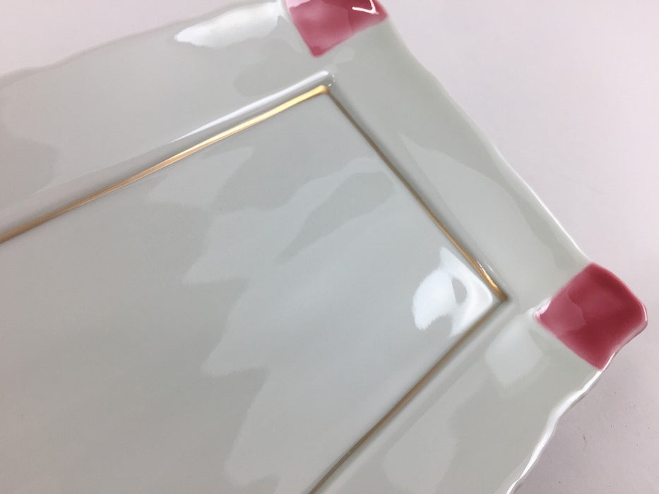 【SALE】21刻み長皿　四方桃色　21cm　有田焼【訳あり】