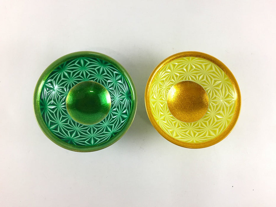 麻の葉彫平盃　釉裏金彩　(緑/黄)　8cm　波佐見焼(j.R)