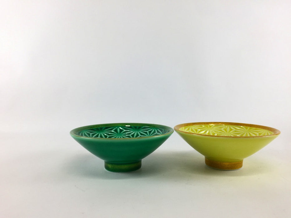 麻の葉彫平盃　釉裏金彩　(緑/黄)　8cm　波佐見焼(j.R)