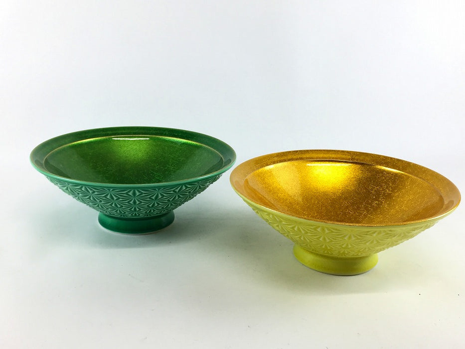 麻の葉彫平碗　釉裏金彩　(緑/黄)　14cm　波佐見焼(j.R)