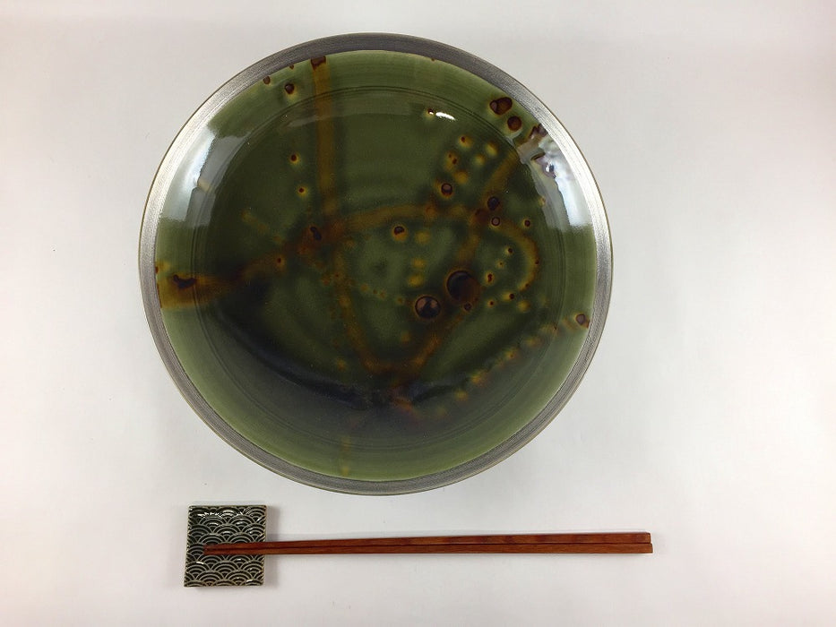 【SALE】24cm平ボウル　オリベ錆飛し渕銀帯　有田焼【訳あり】