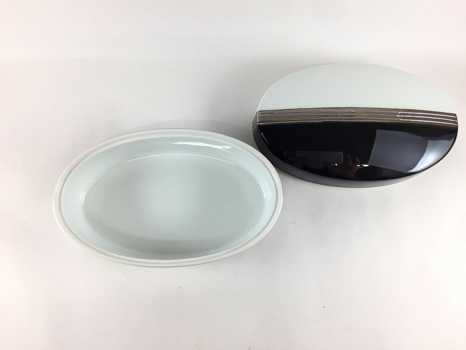 【SALE】白黒Pライン楕円蓋物　17cm　有田焼【訳あり】